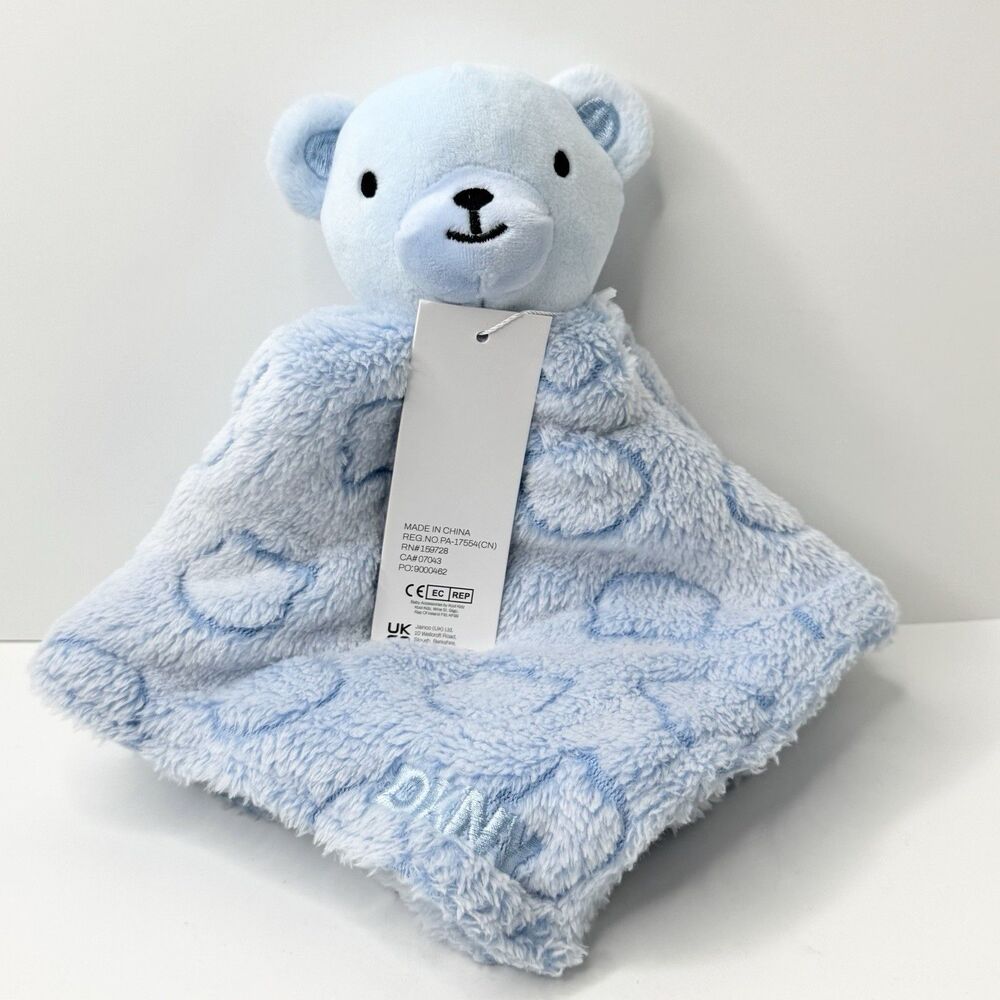 DKNY Baby Light Blue Teddy Bear Security Blanket Lovey Plush Embossed Bear Heads - Picture 1 of 5